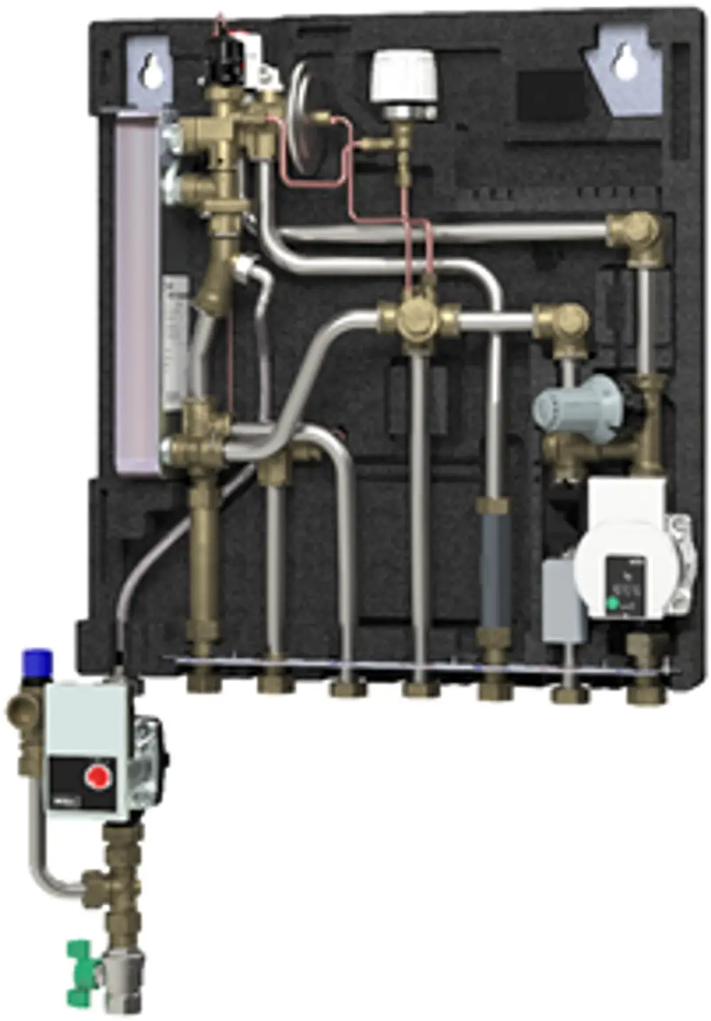 Wasserversorgungsstation mit verschiedenen Rohren und Ventilen, gefertigt von Danfoss, zur Wärmeübertragung und -regulierung, montiert auf einer Dämmplatte.